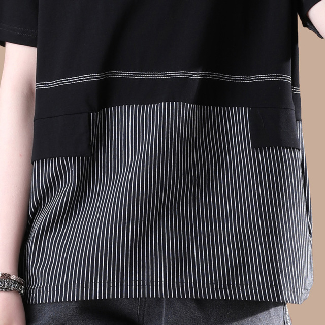 Stripe Stitching T-shirt Short Sleeve and Round Neck Casual Top