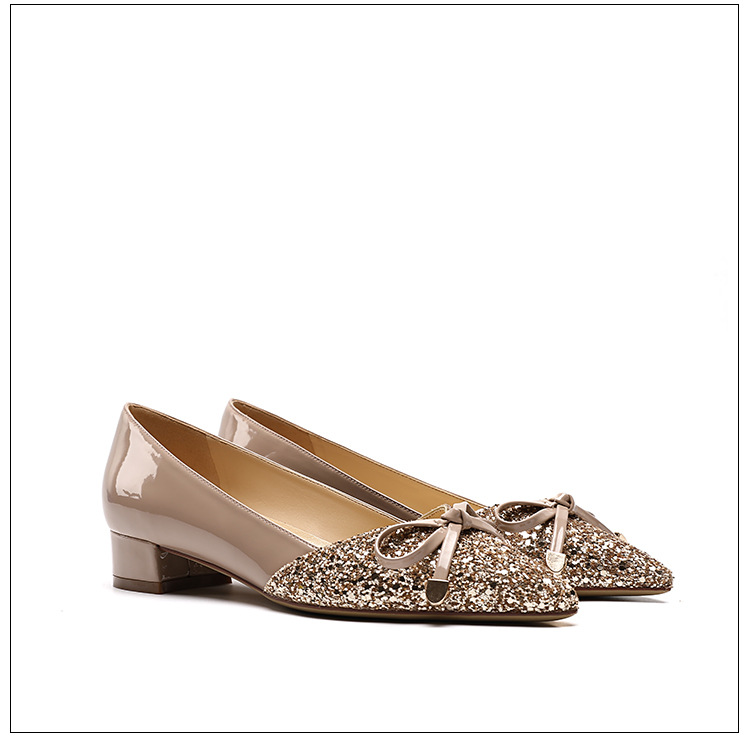 2026 Autumn New Women's Shallow Mouth Single Shoes, Pointed Toe, Color Block, Top Quality Sequin Bow, Mid-Heel, Chunky Heel_vogvips.com