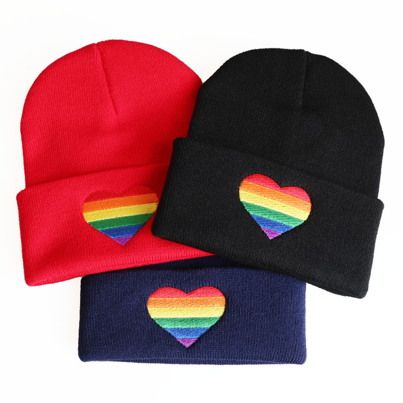 112g Weight Wool Cap Hats Type Unisex Simple Style Rainbow Heart Shape Embroidery Crimping Wool Cap