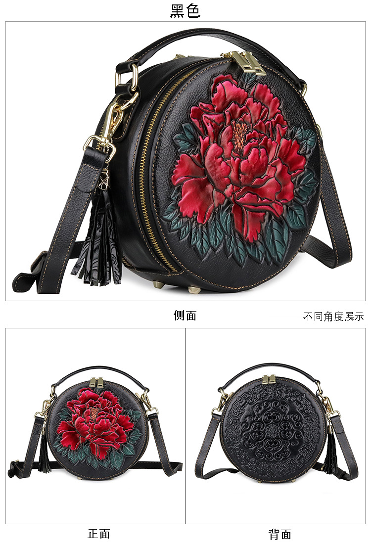 Genuine Leather Embossed Ladies Handbag Round Bucket Bag Tassel Small Round Bag display picture 3