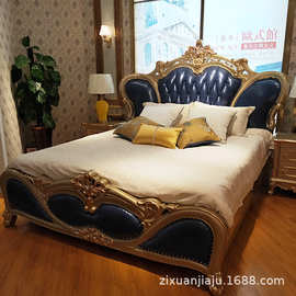 欧式真皮床主卧双人大床实木雕刻头层真皮高档床1.8*2米卧室婚床