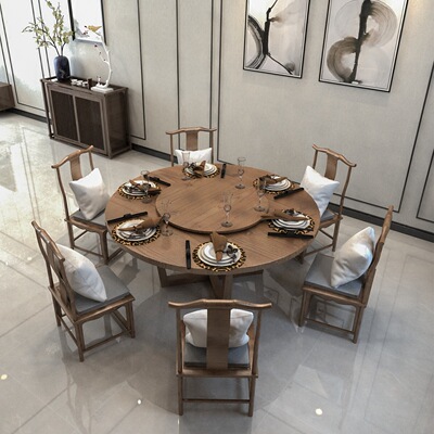 New Chinese style solid wood dining table and chair combination household circular dining table Hotel hotel Restaurant turntable round table customized