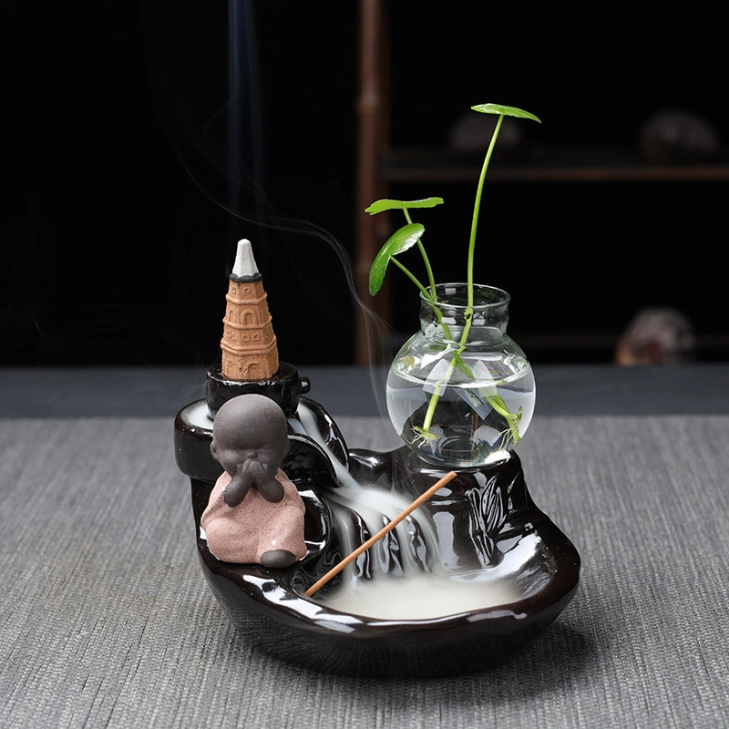  ceramic backflow incense burner (zisha) with xiao monk, flowing water design, home & office