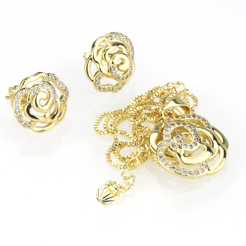 Approvisionnement Direct D'usine Rose Oreille Boucles Collier Set Or Plaqué Or Blanc Plaqué Fleur Zircon Pendentif Auriculaire Aiguille display picture 7