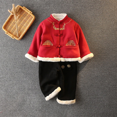 兒童2019冬款棉衣套裝複古風唐裝加厚加絨兩件套兒童保暖冬裝年服