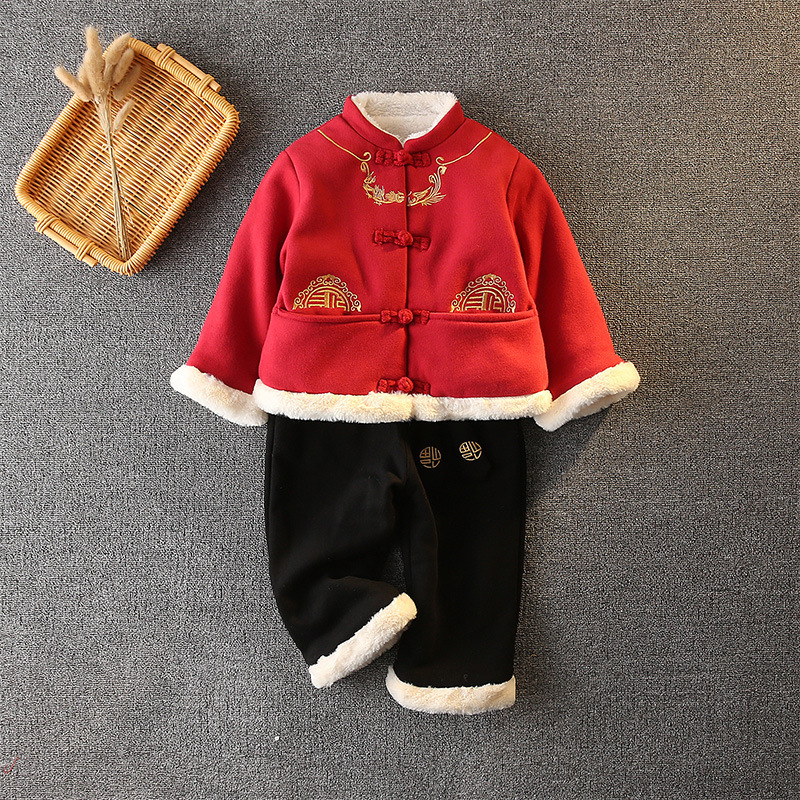 兒童2019冬款棉衣套裝複古風唐裝加厚加絨兩件套兒童保暖冬裝年服