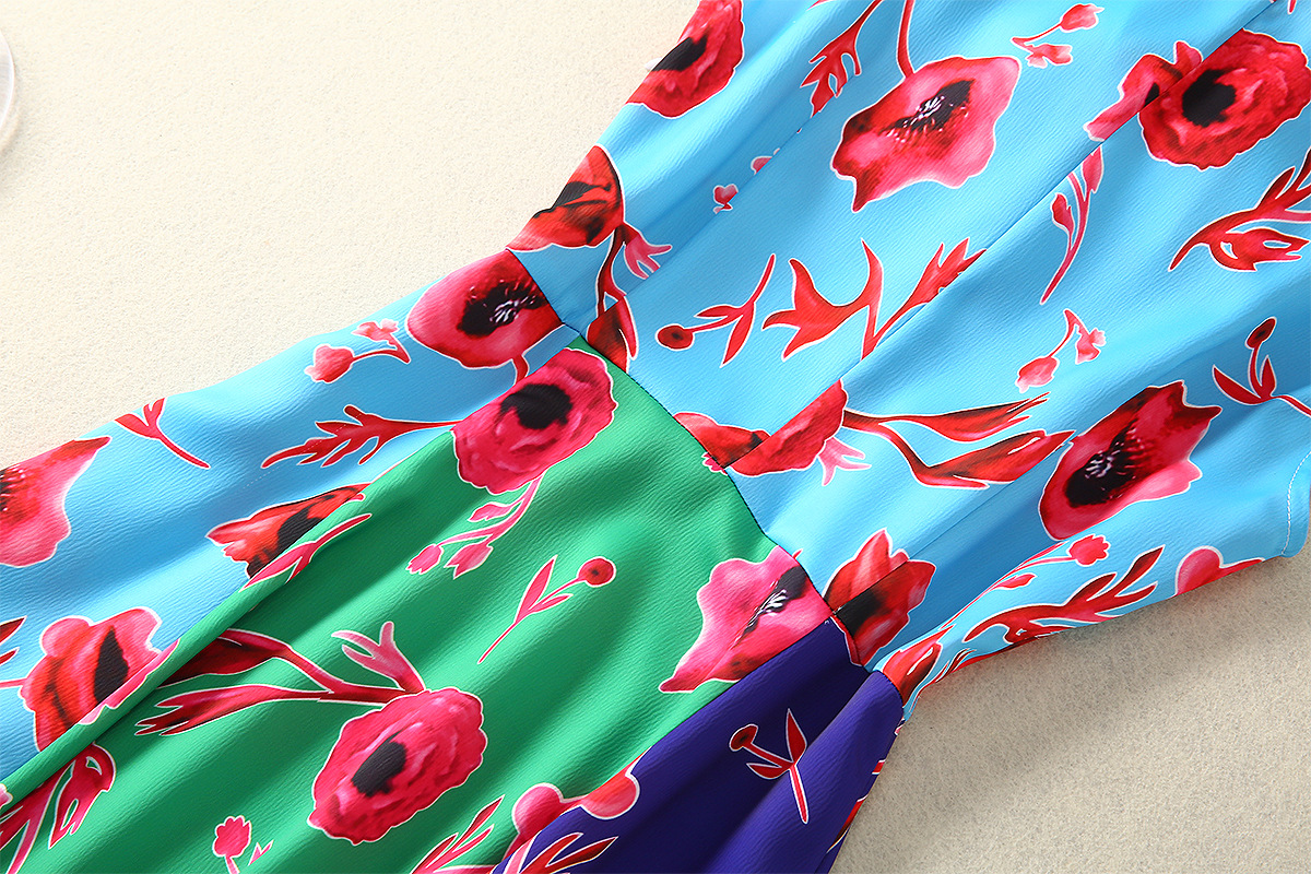 0329-05 超柔缎面印花连衣裙SMLXL码S码胸围82腰