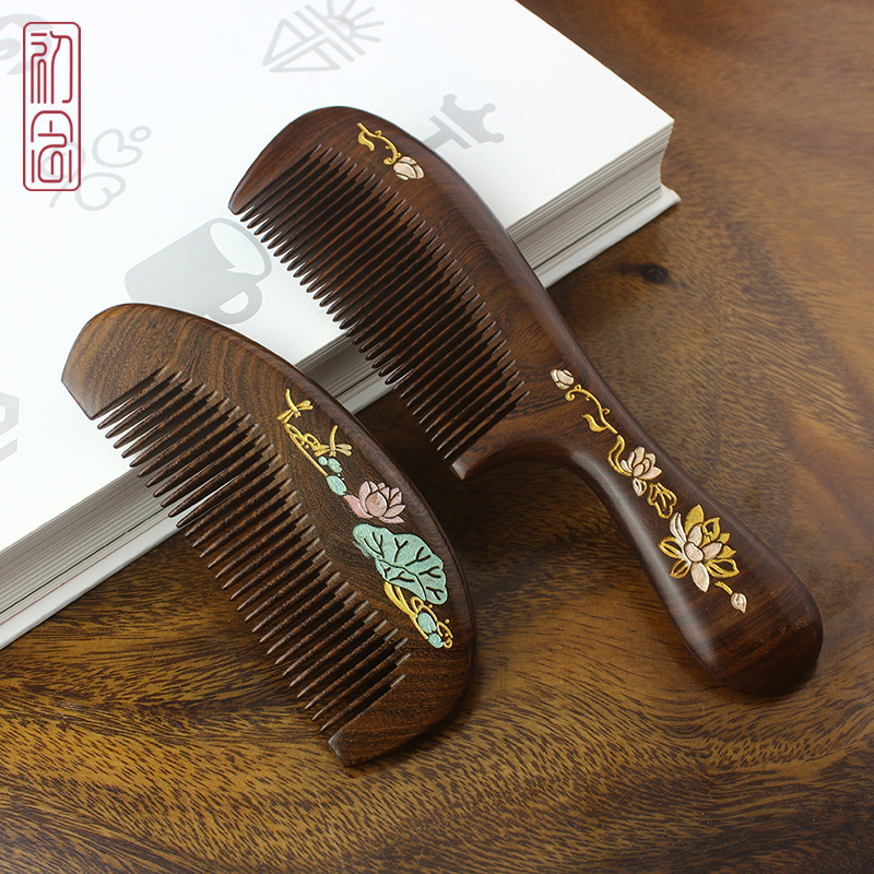 精品黑金檀木梳整木描金防静电顺发按摩梳母亲节礼物定制刻字厂家|ru
