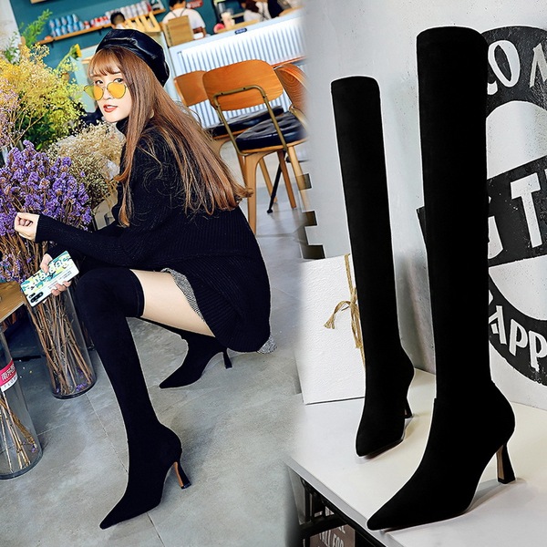 wine cup and high heel pointed suede knee high boots