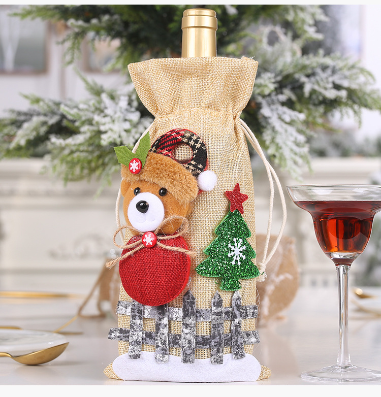 New Christmas Decorations Sackcloth Snow Cartoon Drawstring Wine Bottle Cover Lattice Doll Wine Bottle Bag Wholesale display picture 6