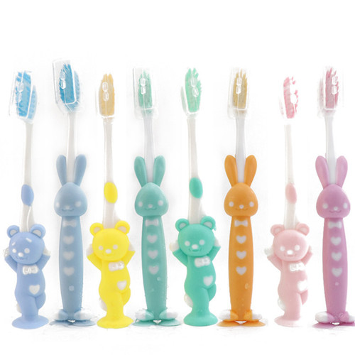 Cartoon children's toothbrush 4 pack bunny silicone brush handle baby 3-8 years old tooth protection antibacterial fine bristle soft brush wholesale