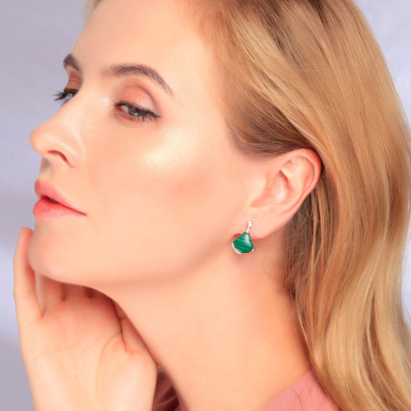 Geometric Fan-shaped Malachite Earrings S925 Silver Earrings Female New Temperament Shell Earrings display picture 20