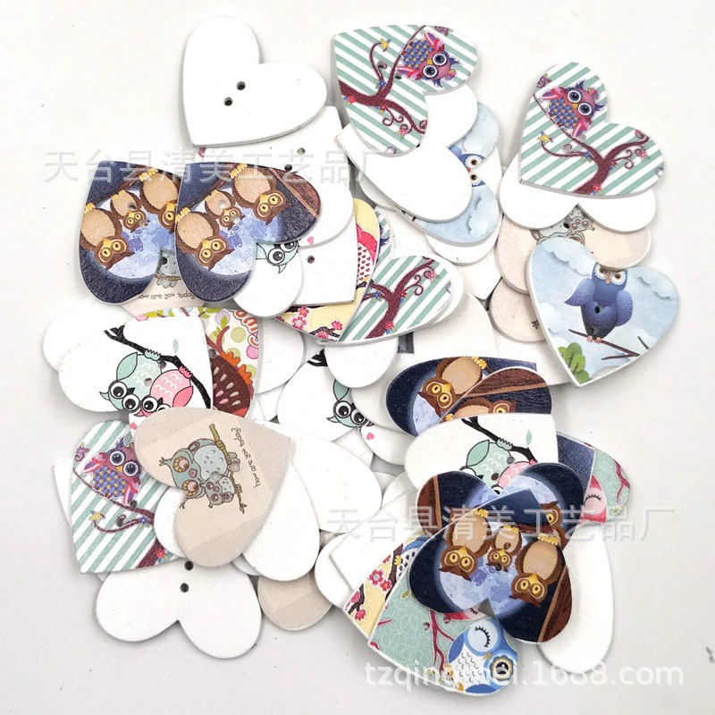 DIY painted wooden owl peach heart wood buttons for children's handmade buttons for 50 per pack