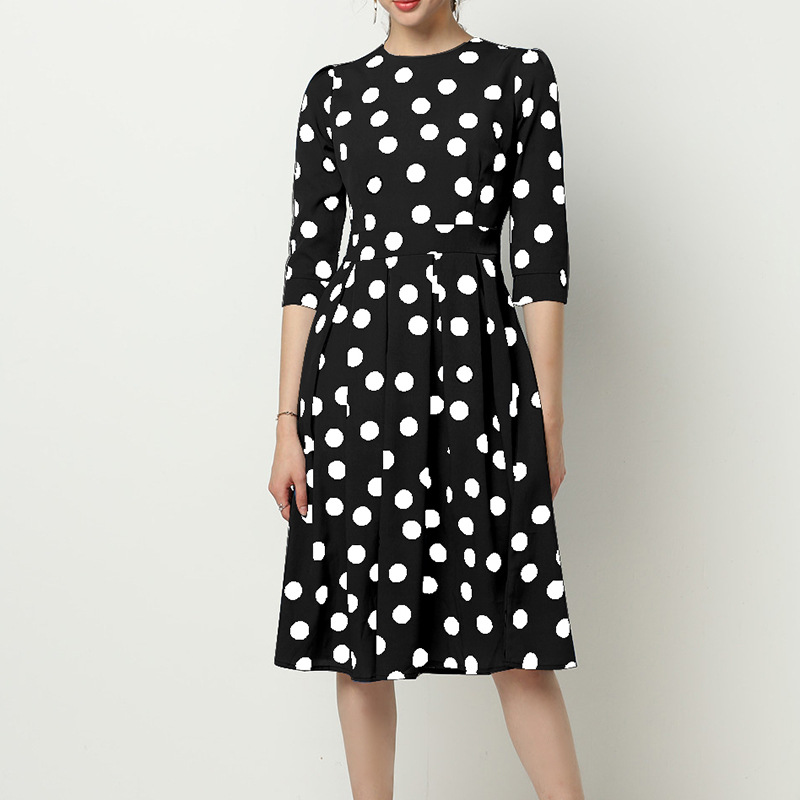 Polka Dot Print Round Neck Long Sleeve Chiffon Dress NSGE37811