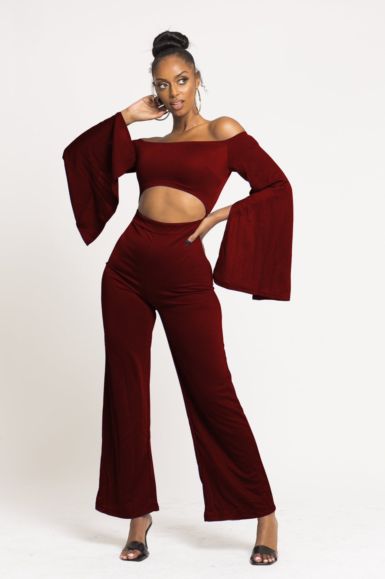Boutique Casual Solid Color Long Sleeves Cropped off Shoulder Jumpsuit