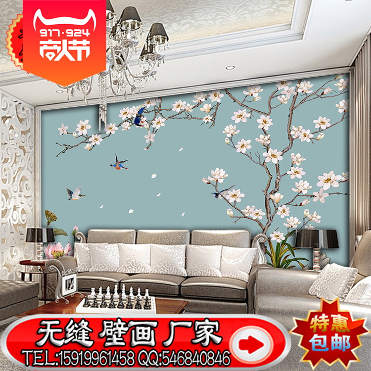 中式花鸟背景壁画3d工笔手绘花鸟墙纸沙发电视背景墙壁纸床头壁画