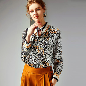 Spring women’s fashion Lapel Long Sleeve Silk Top slim leopard silk shirt