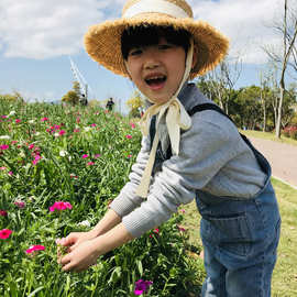 春夏儿童拉菲草帽子遮阳帽 出游防晒草帽 韩版百搭男童女童绑带帽