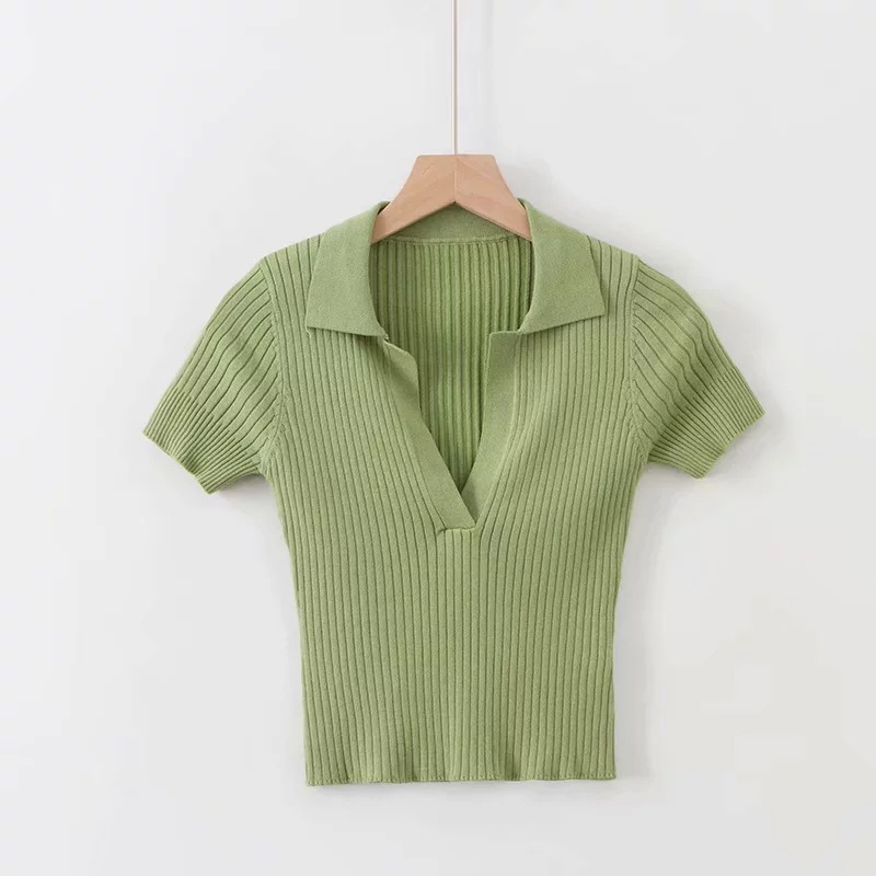 V-neck solid color short-sleeved self-cultivation knit T-shirt  NSAC14343