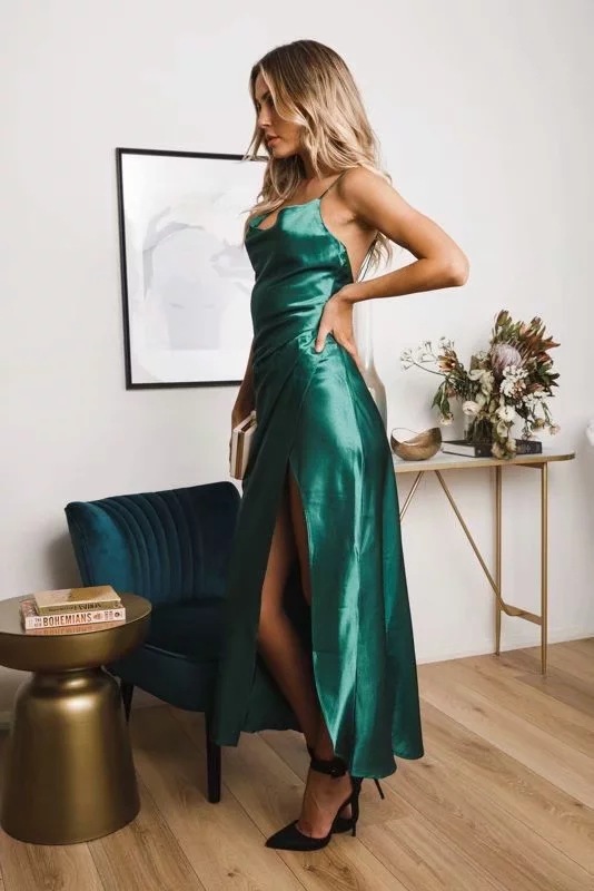 sexy satin sling pleated long dress NSAC32756