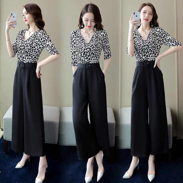 Fashion leopard-print broad-legged pants new summer Chiffon suit 