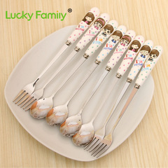 Cute Family Theme Long Handle Fruit Spoon Fork Stainless Steel Creative New Concept Tableware E-commerce Supply Tourist Gift