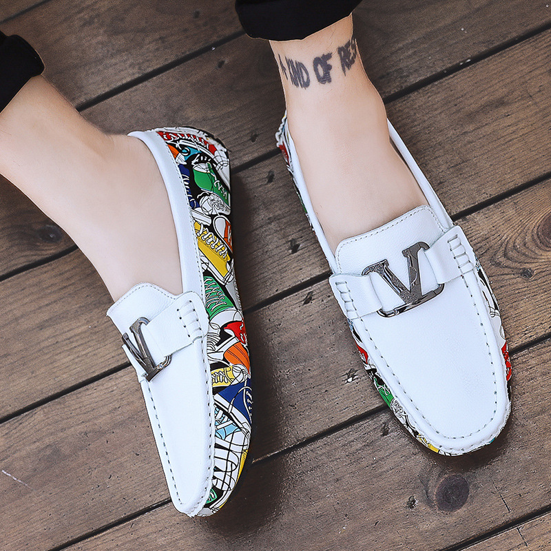 新款时尚休闲鞋男真皮头层豆豆鞋男士潮流迷彩个性皮鞋韩版懒人鞋