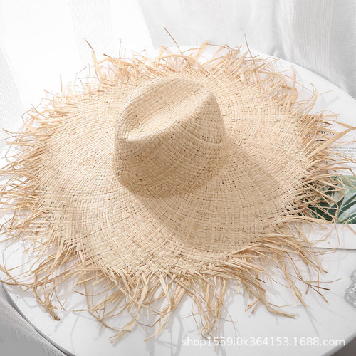 Straw hat, fur edge, large brim, raffia straw hat, summer sun hat ins for women traveling to the beach, seaside vacation sun hat