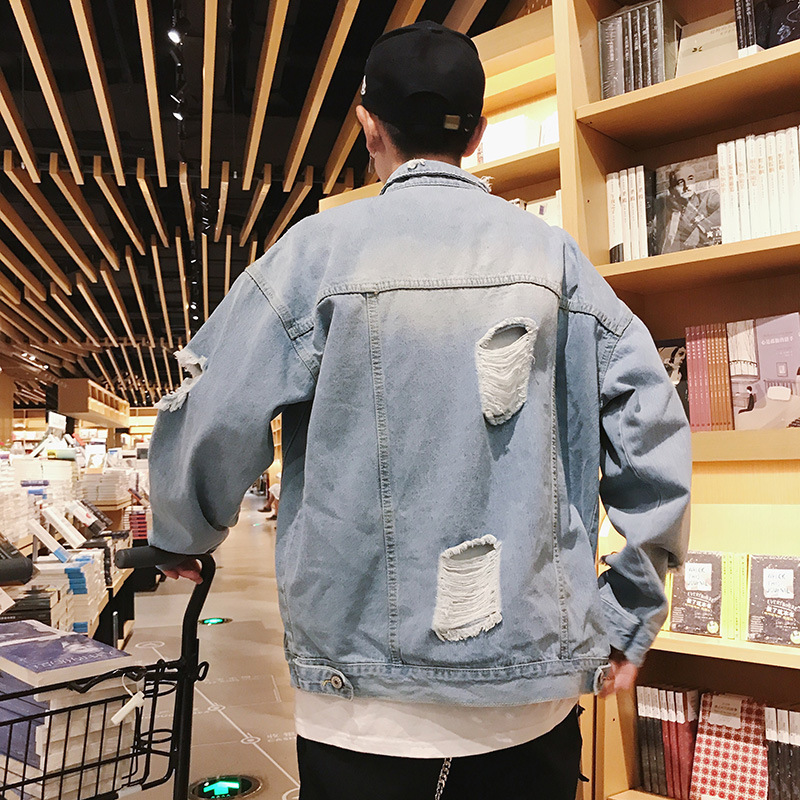 Autumn Hong Kong style bf worn-out Jean jacket for men students loose Korean fashion handsome jacket for couples