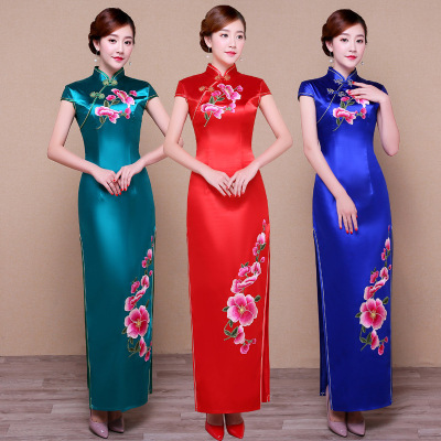 Long runway peacock blue red cheongsam chinese dress qipao cheongsam dress for women girls banquet party ancient folk costumes etiquette waiter qipao dress