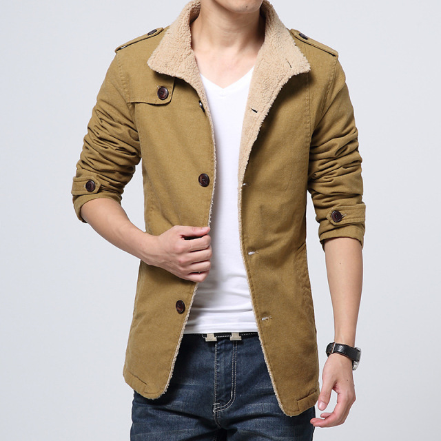 Autumn and winter men’s stand collar cotton Plush medium length coat large windbreaker jacket