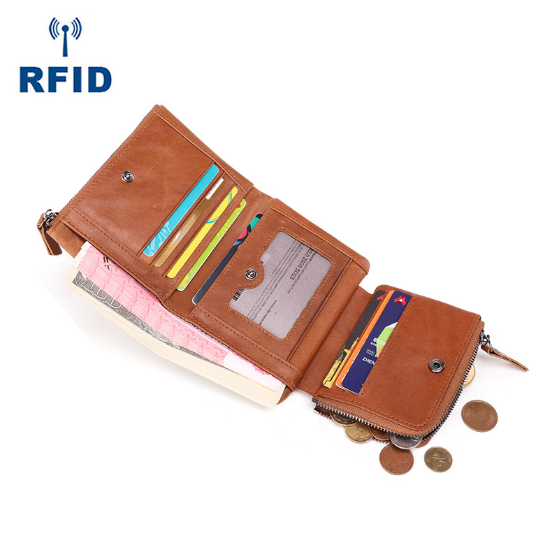 亚马逊 rfid多卡位男士钱包休闲时尚短款零钱包复古真皮钱包 男