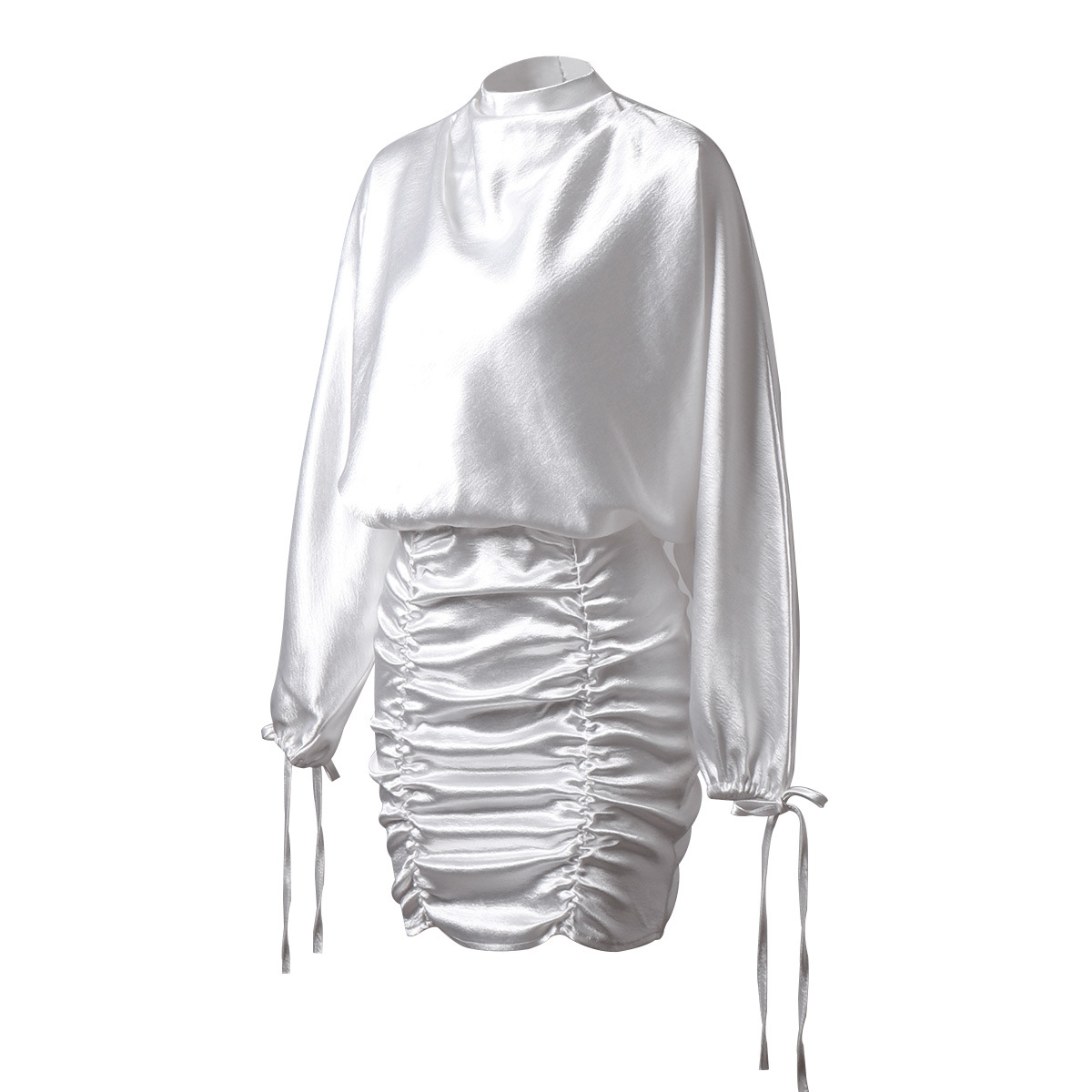 Long-Sleeved Pleated Drawstring Dress NSLIH89557
