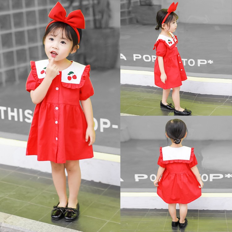 2019 Children's clothing Korean Edition girl Dress Naval Air Lapel Cherry Dress baby fashion Red On behalf of