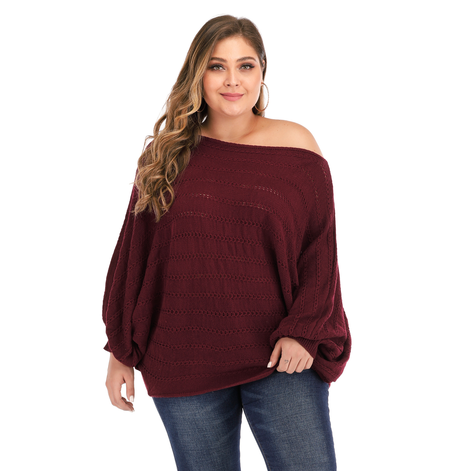 plus size bat-sleeved woven sweater  NSOY26830