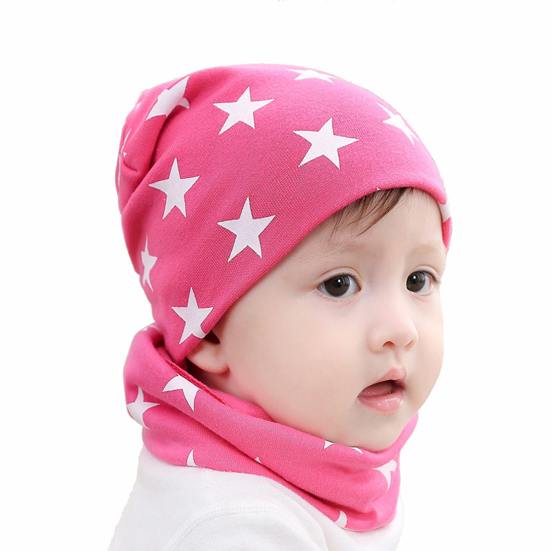 韩版 小五角星套头帽围脖 棉针织帽 宝宝睡眠帽外贸儿童帽子