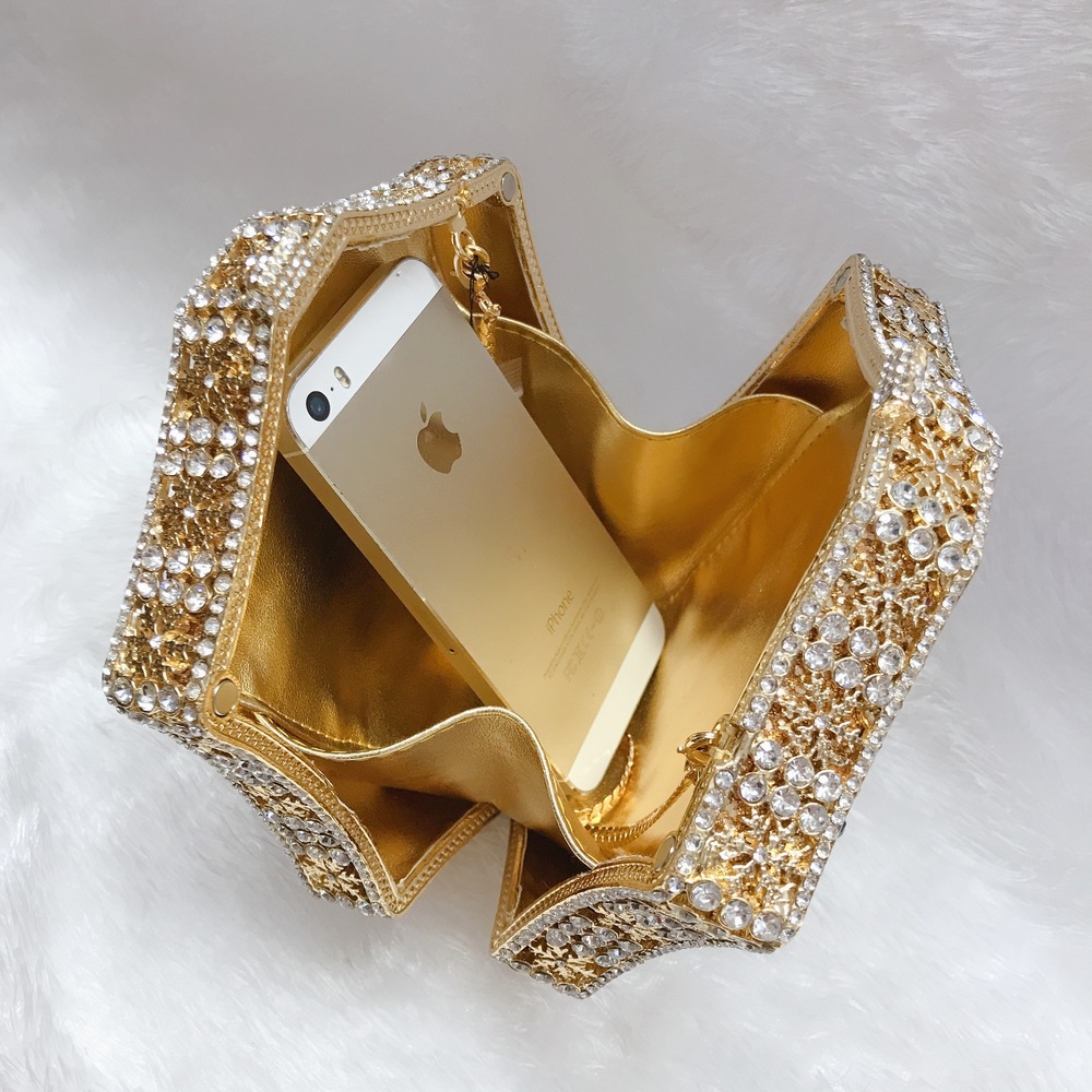 Túi clutch nữ đính pha lê kim cương bông tuyết, thiết kế hợp kim rỗng, làm bằng tay — Màu tím, Màu xanh lam, Ảnh tùy chỉnh được Cá nhân hóa, Màu đỏ hoa hồng chi tiết 19