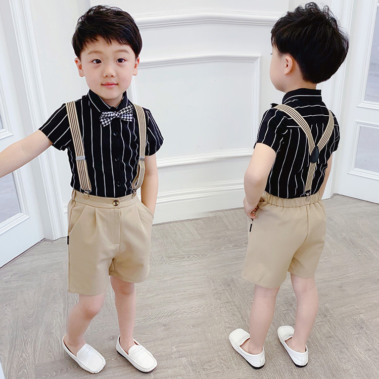 2021 summer children's suit short sleeve shirt strap shorts two-piece children's performance clothes Korean version walk show