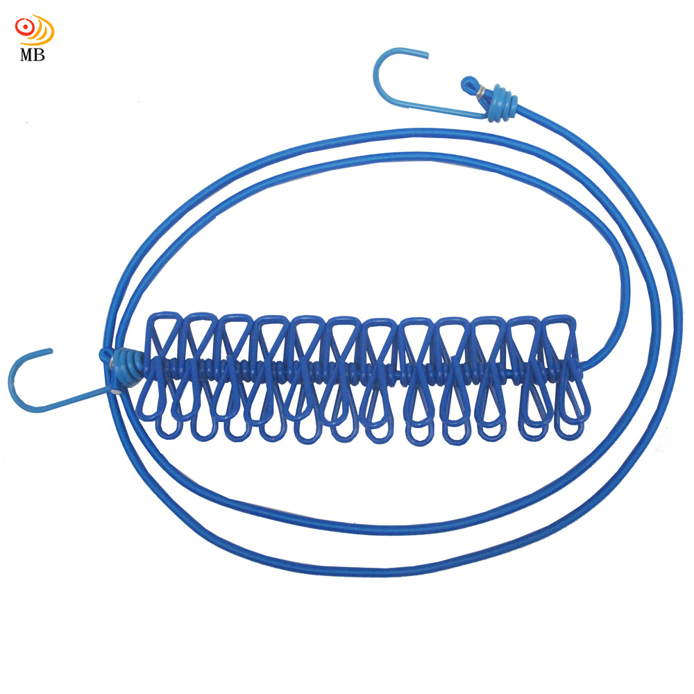 陸明免打孔家用旅行露營170cm彈性曬衣繩帶挂鈎12夾17012批發代發