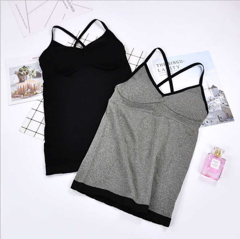 網紅8823打底背心V領性感交叉美背防走光無縫裹胸帶胸墊長版吊帶