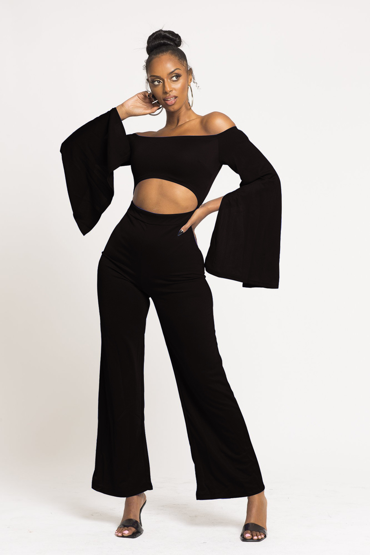 Boutique Casual Solid Color Long Sleeves Cropped off Shoulder Jumpsuit