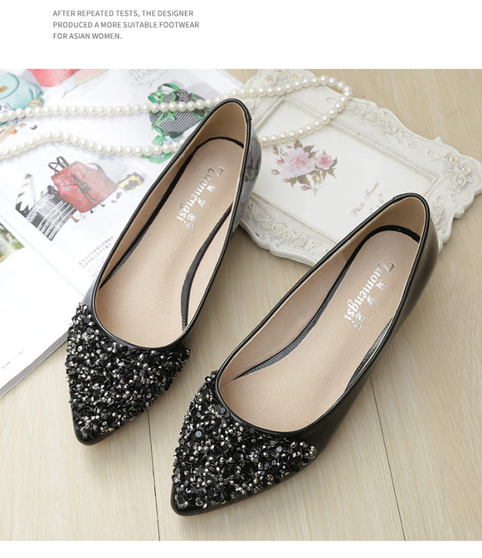 Giày bệt nữ mũi nhọn miệng nông đính sequin và đá pha lê, đế mềm nhẹ nhàng — Màu mơ, Màu đen