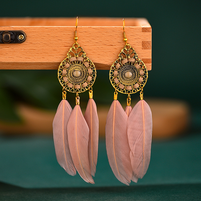 Retro Round Wire Feather Long Tassel Earrings Wholesale display picture 4