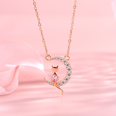 s925纯银星月项链女韩版简约气质猫咪锁骨链吊坠时尚网红厂家加工|ms