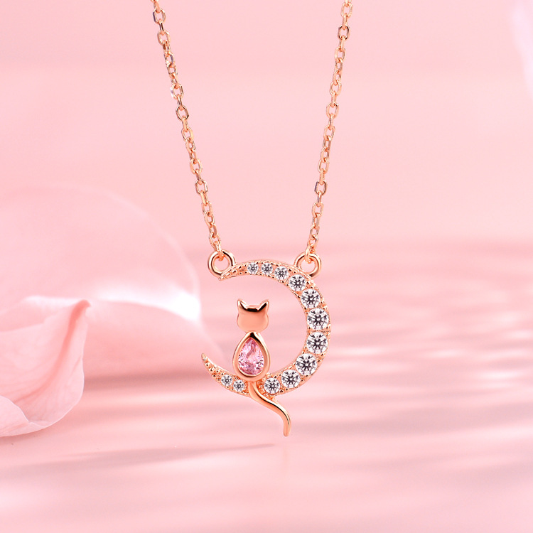s925纯银星月项链女韩版简约气质猫咪锁骨链吊坠时尚网红厂家加工|ms