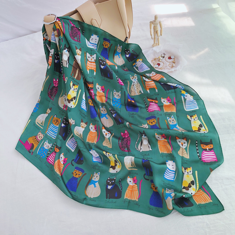 Printing Design Women'S Sweet Korean Style Cat Satin Printing Silk Scarf
