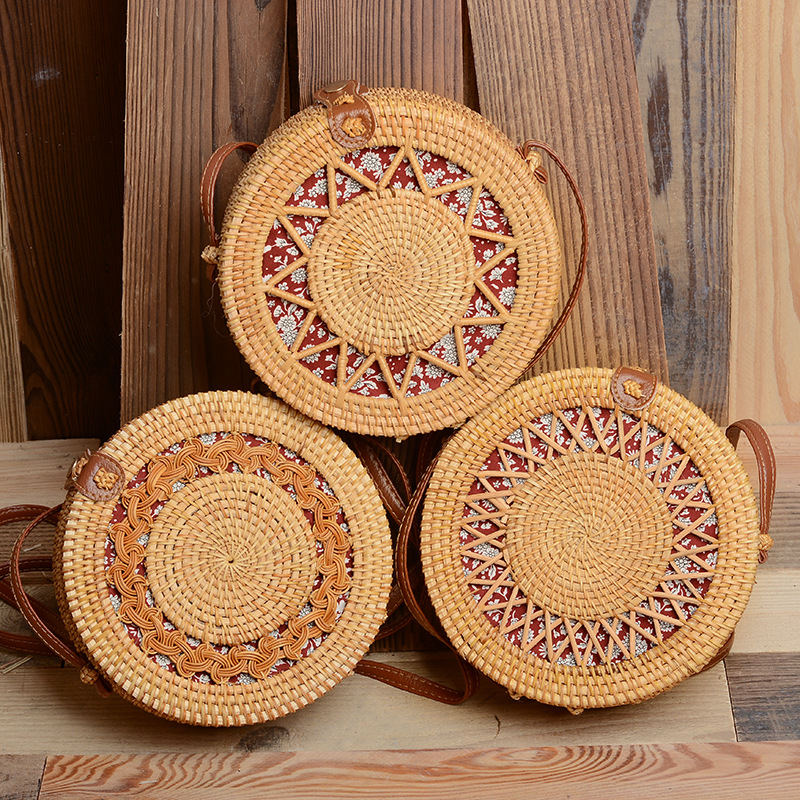 越南秋藤皮扣包 藤编包 太阳花镂空星星包草编包 ins红色碎花内衬|ru