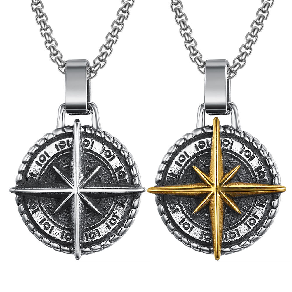 28g Weight Pendant Necklace Classification box chain Chain Type Retro Compass Star Titanium Steel Polishing Men's Pendant Necklace