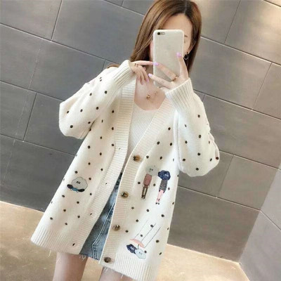 2019 new pattern Korean Edition Women's wear Mid length version Cartoon Sweater Cardigan Easy Large spring and autumn coat