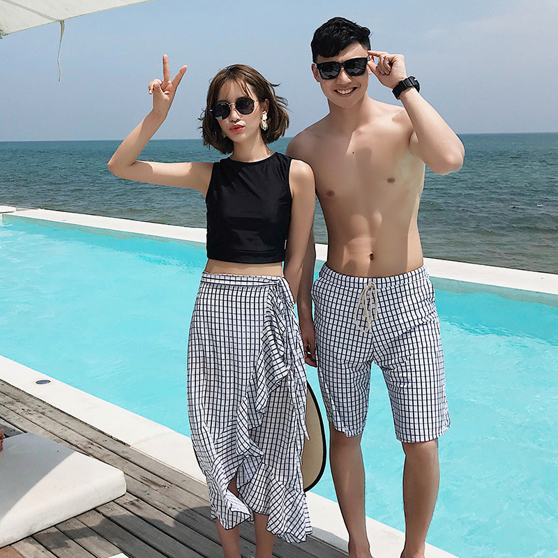 ins Honeymoon Couple Swimsuit Women's Three-Piece Set Split Boxer Slim Look Conservative Women's Swimsuit Men's Beach Pants